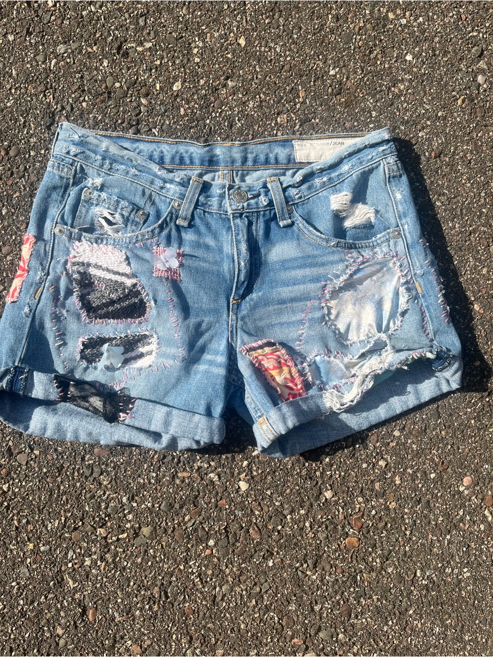 OOAK reworked Distressed Light Blue Denim Women's Shorts with Patchwork - Picture 1 of 7
